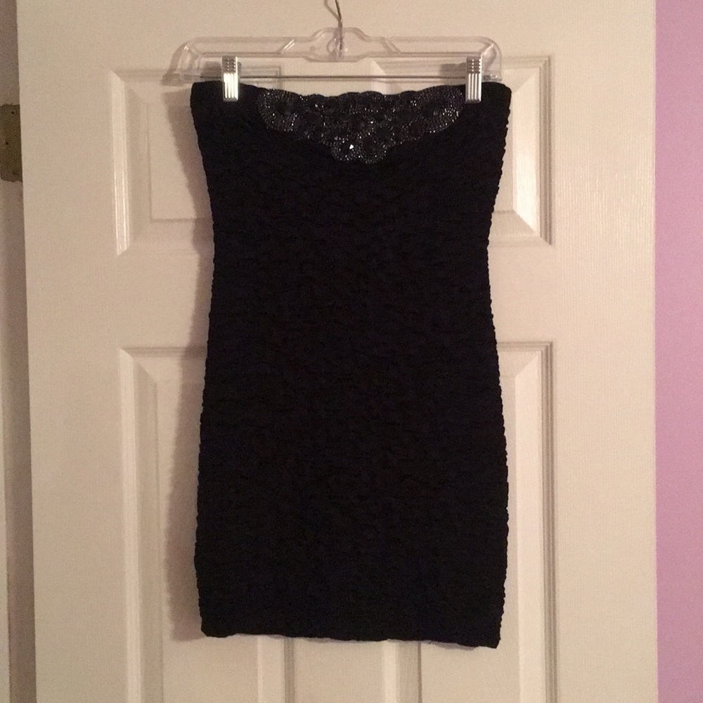 Strapless black mini dress